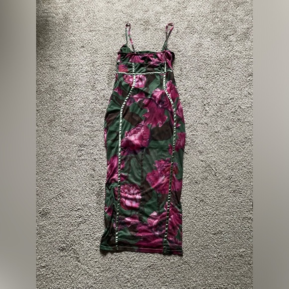 Green floral print mesh binding midaxi dress size 10 - Picture 7 of 8